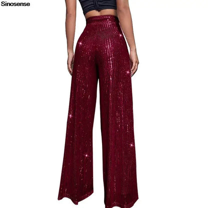 Pantalones acampanados de cintura alta con lentejuelas brillantes para mujer