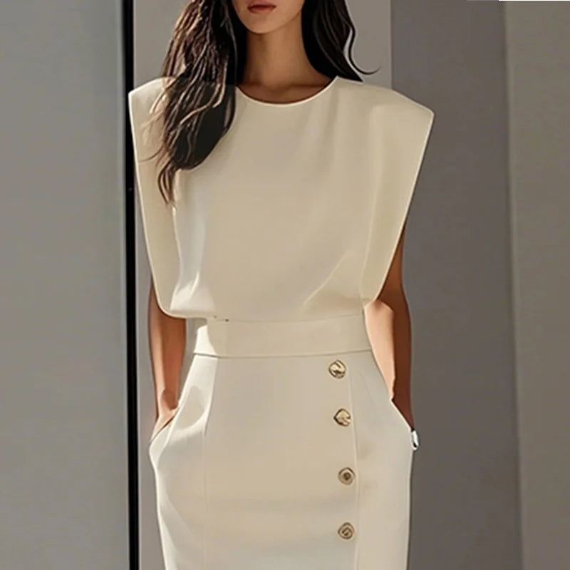 Vestido urbano holgado para mujer, color liso, sin mangas, cuello redondo