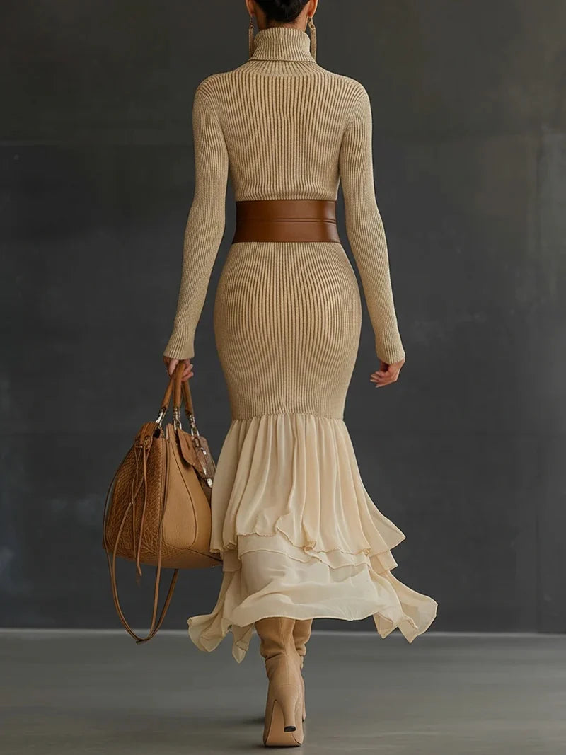 Vestido de cuello alto tejido para mujer con manga larga
