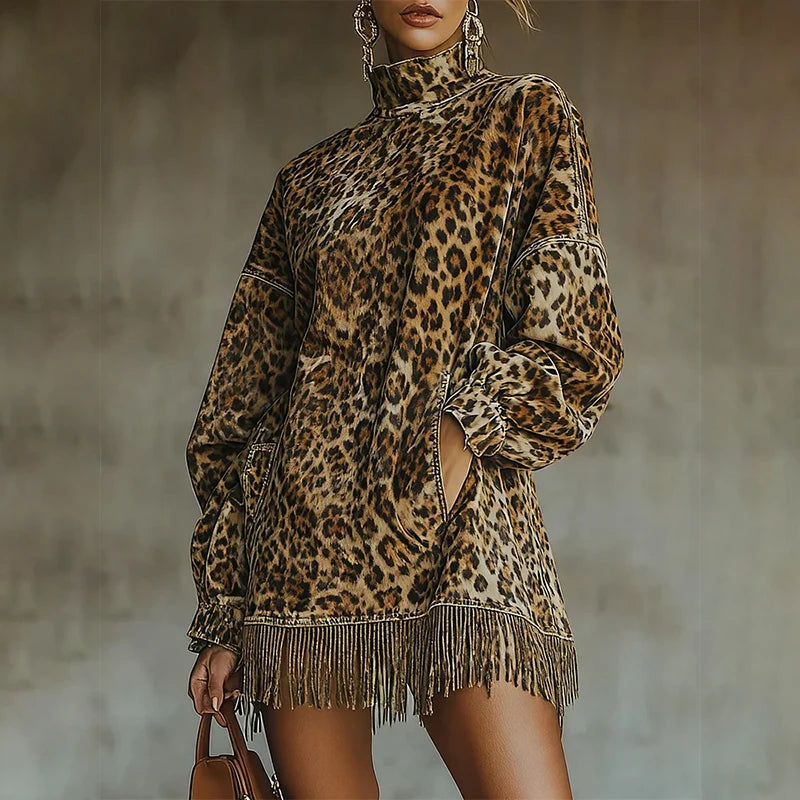 Vestido mini con estampado de leopardo para mujer, manga farol, cuello alto, holgado