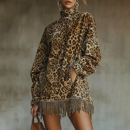 Vestido mini con estampado de leopardo para mujer, manga farol, cuello alto, holgado