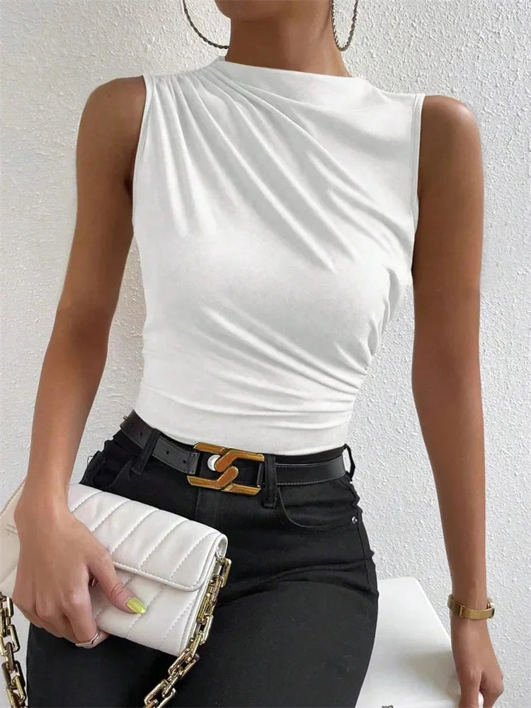 Camiseta sin mangas plisada de color liso para mujer