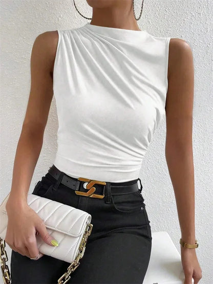 Camiseta sin mangas plisada de color liso para mujer