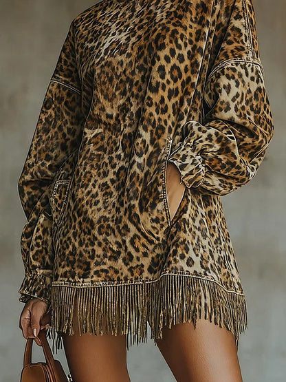Vestido mini con estampado de leopardo para mujer, manga farol, cuello alto, holgado