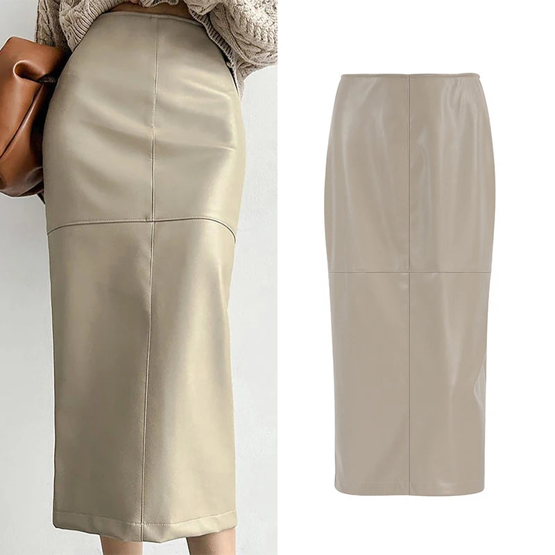 Falda elegante de piel sintética color caqui, cintura alta