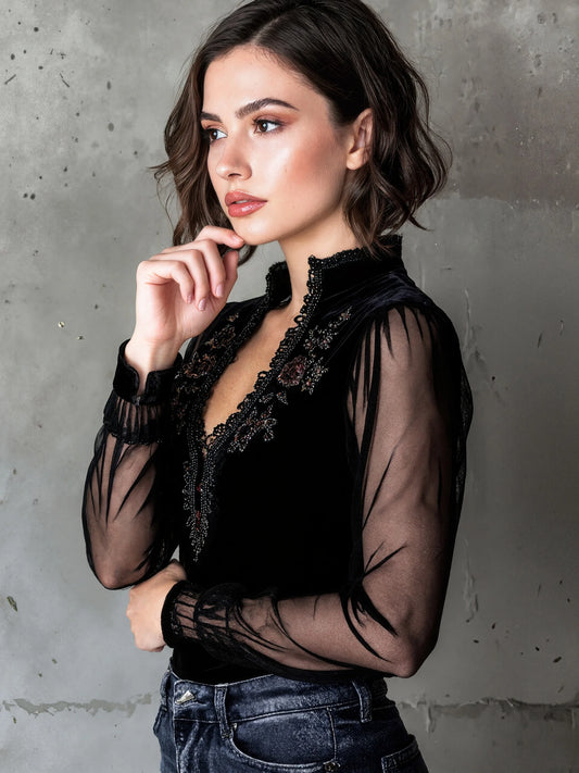 Blusa transparente para mujer, elegante, con bordado floral, estilo retro americano