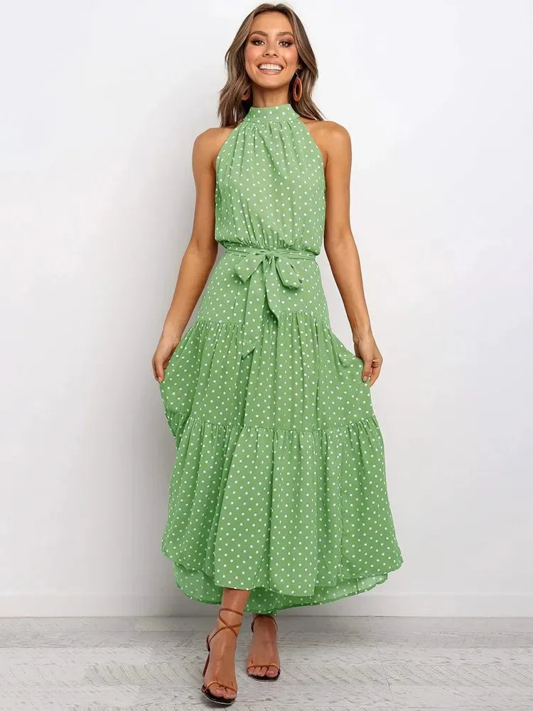 Vestido cuello halter, sin mangas, estampado de lunares, con cordones