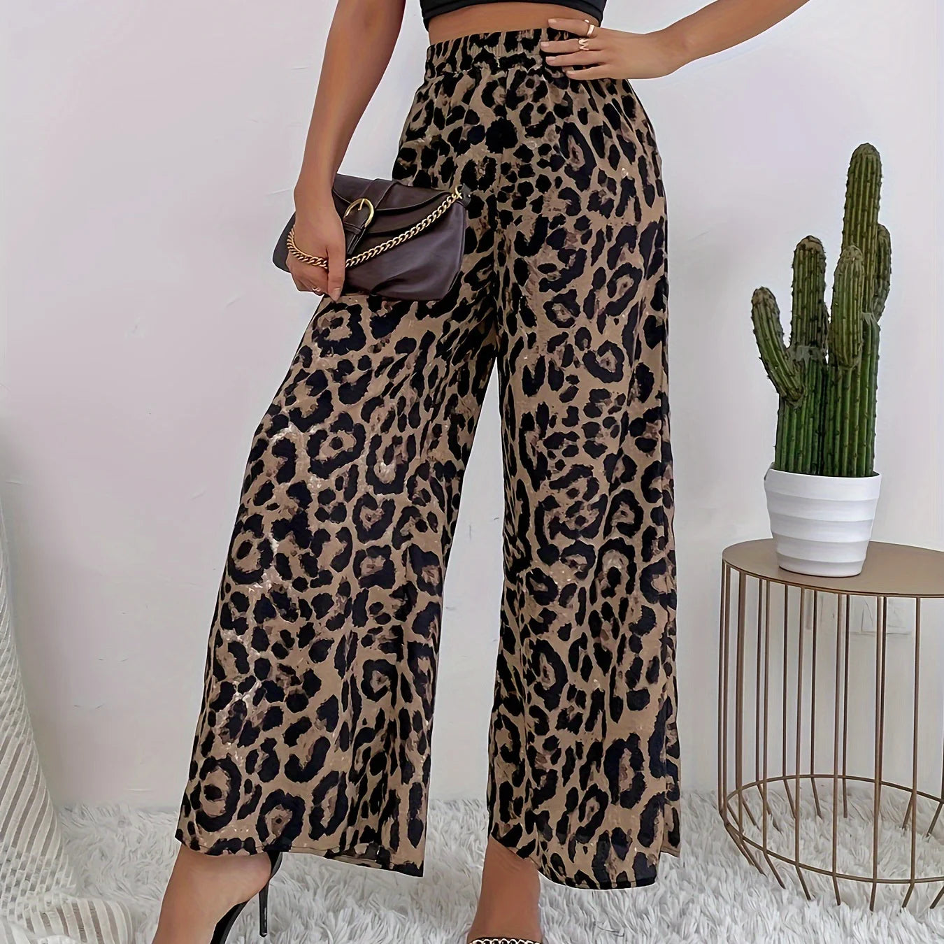 Pantalones anchos con cintura elástica y estampado de leopardo