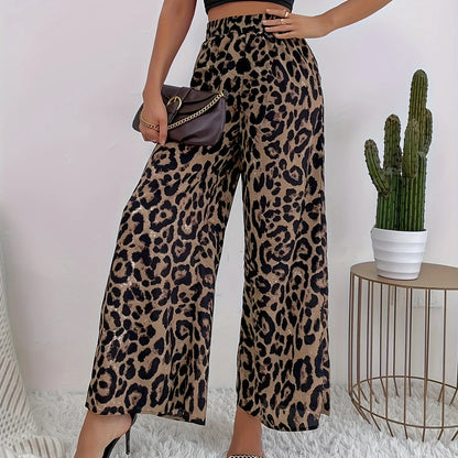 Pantalones anchos con cintura elástica y estampado de leopardo