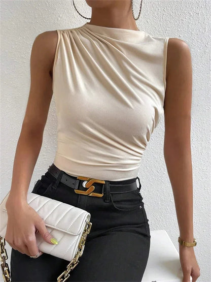 Camiseta sin mangas plisada de color liso para mujer