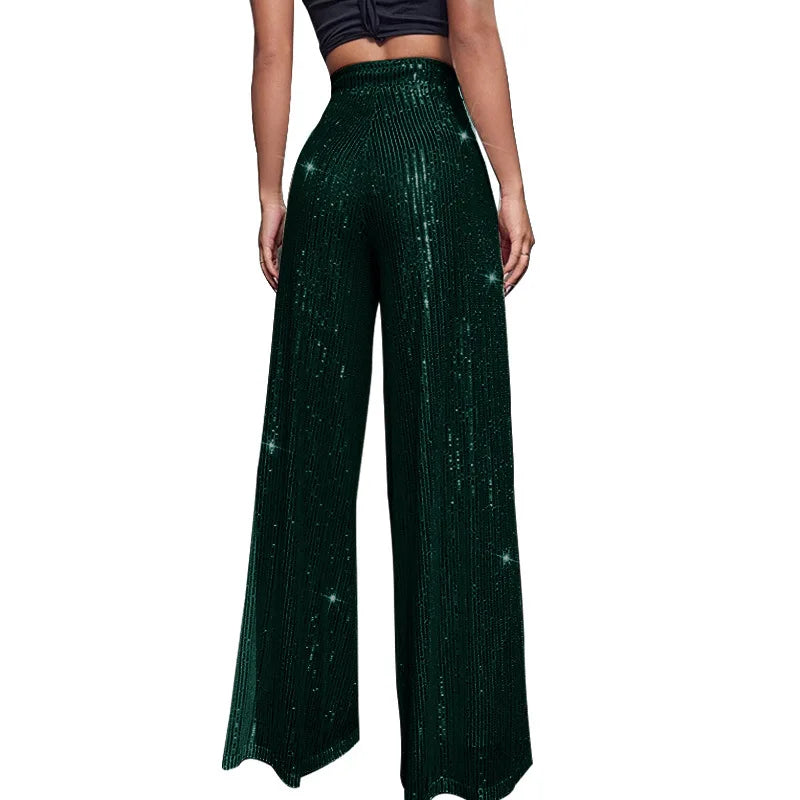 Pantalones acampanados de cintura alta con lentejuelas brillantes para mujer