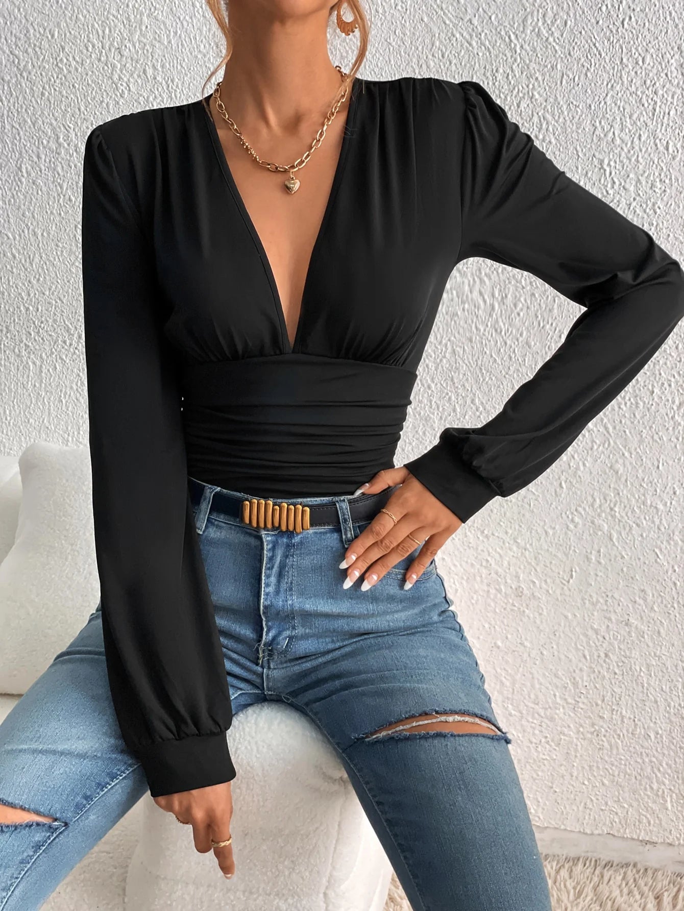 Body, Blusa con mangas abullonadas plisadas retro de corte bajo y sexy para mujer