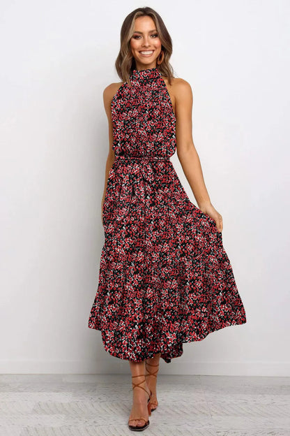Vestido cuello halter, sin mangas, estampado de lunares, con cordones