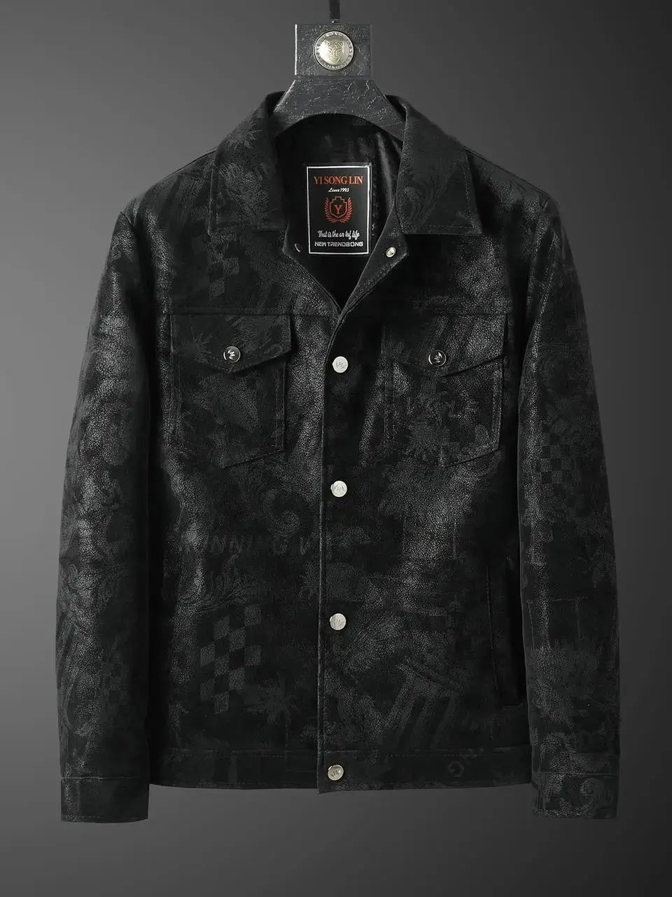 Chaqueta de cuero sintético con solapa para hombre, corta, informal, con estampado