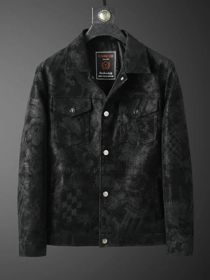 Chaqueta de cuero sintético con solapa para hombre, corta, informal, con estampado
