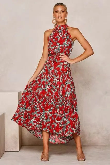 Vestido cuello halter, sin mangas, estampado de lunares, con cordones