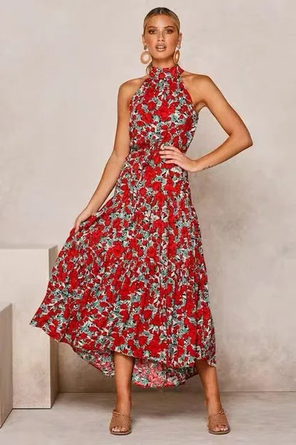 Vestido cuello halter, sin mangas, estampado de lunares, con cordones