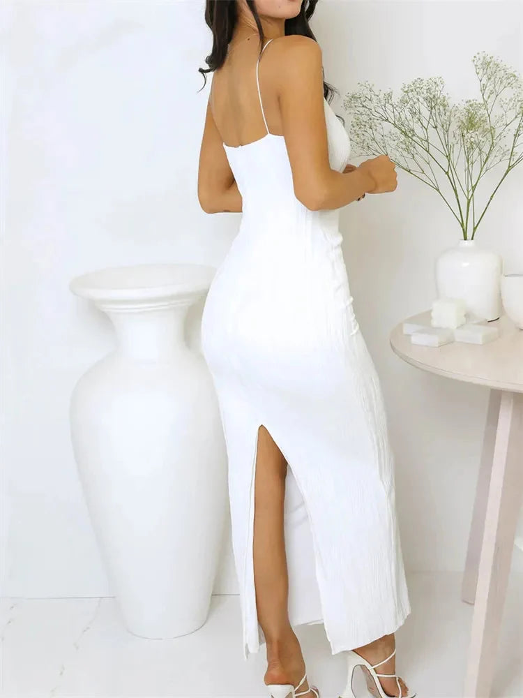 Vestido largo sexy para mujer, fruncido, sin mangas, ajustado, liso, para fiesta