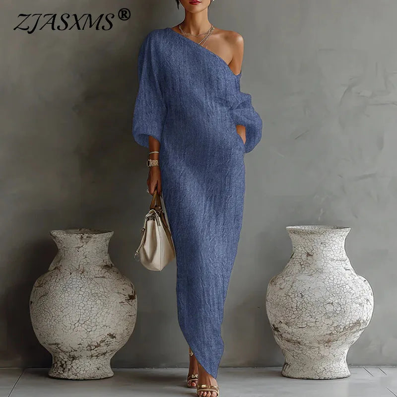 Vestido maxi sexy de manga larga con un solo hombro