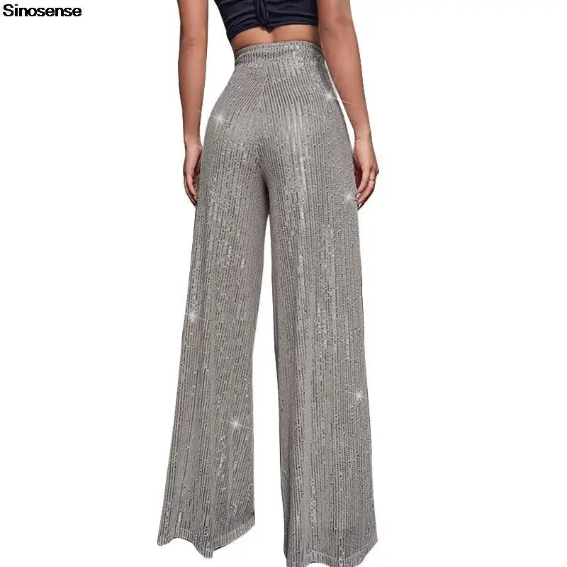 Pantalones acampanados de cintura alta con lentejuelas brillantes para mujer