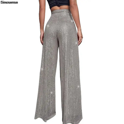 Pantalones acampanados de cintura alta con lentejuelas brillantes para mujer