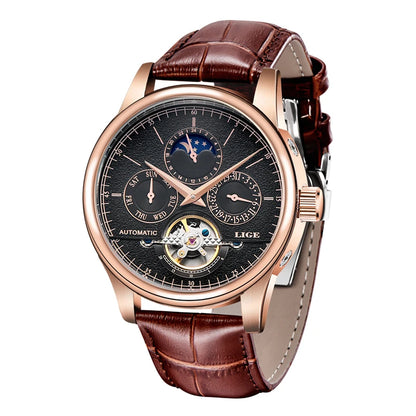 Relojes LIGE para hombre, Tourbillon, correa de cuero genuino, reloj impermeable