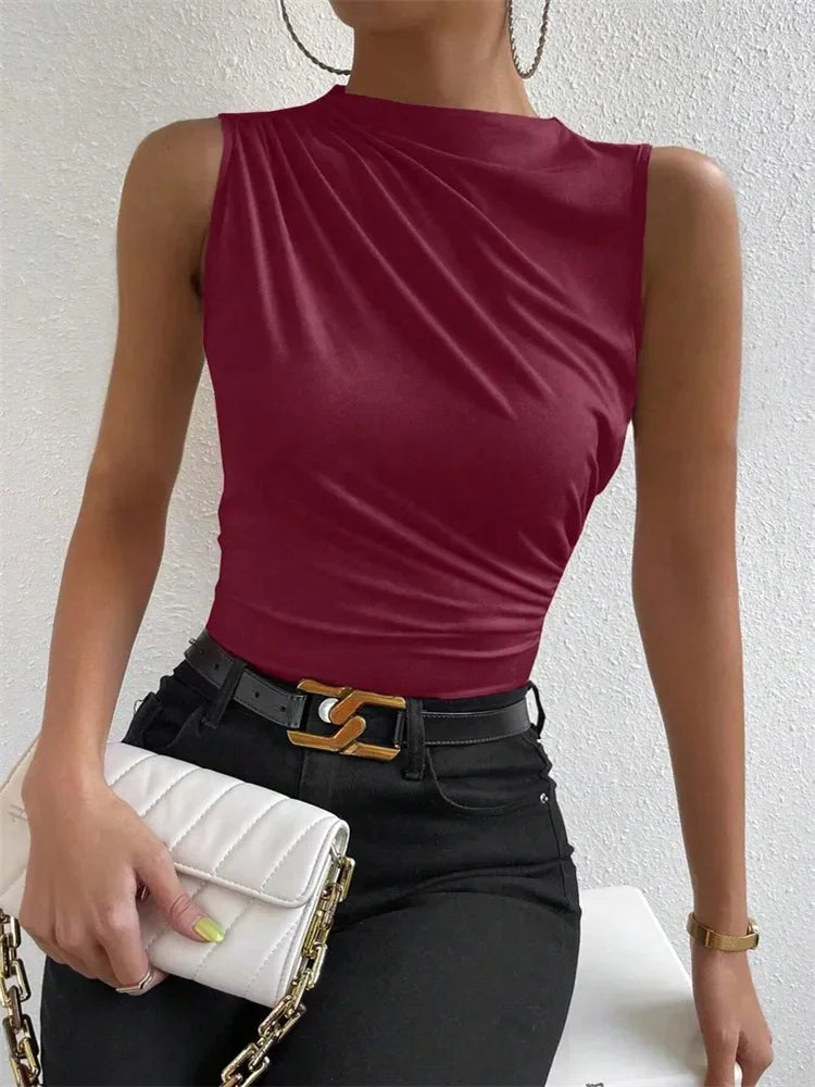 Camiseta sin mangas plisada de color liso para mujer