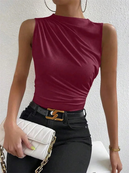 Camiseta sin mangas plisada de color liso para mujer