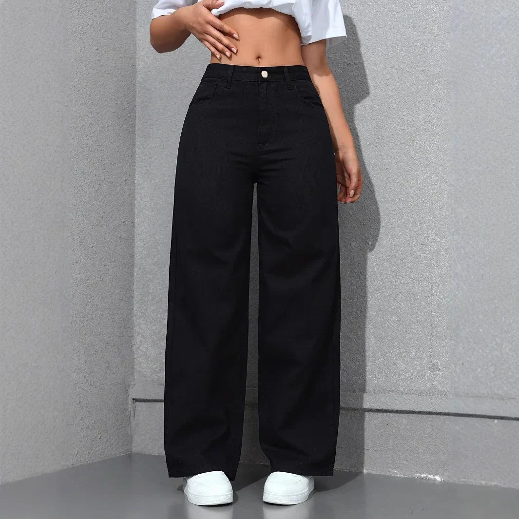 Pantalones vaqueros para muje de mezclilla de pierna ancha, de cintura alta