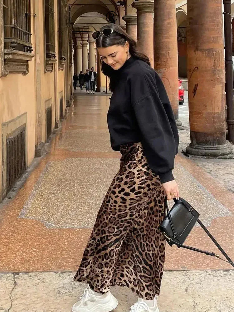 Falda con estampado de leopardo para mujer, faldas midi de cintura alta vintage