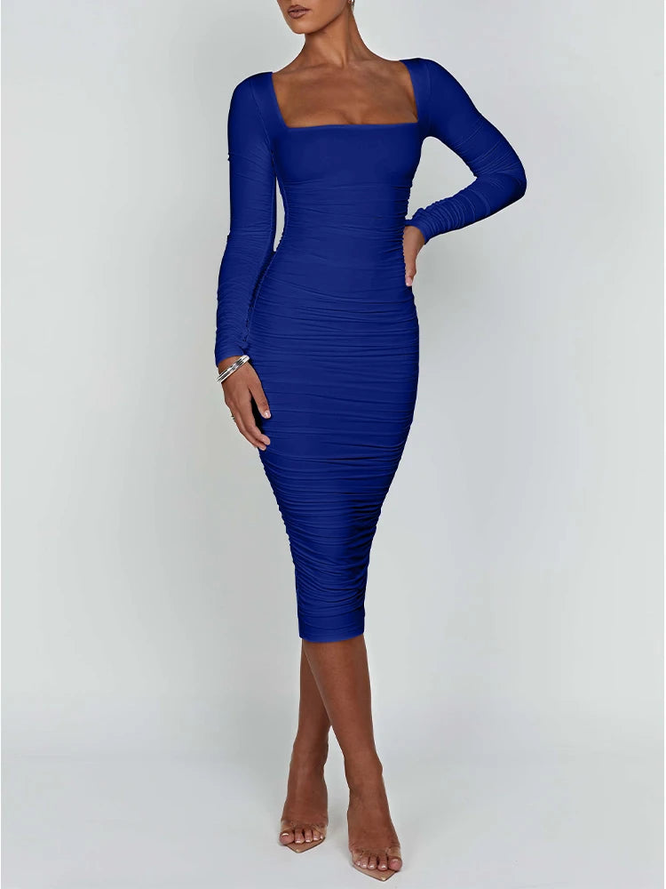 Vestido ajustado sexy, cuello cuadrado, manga larga, vestidos de noche para mujer