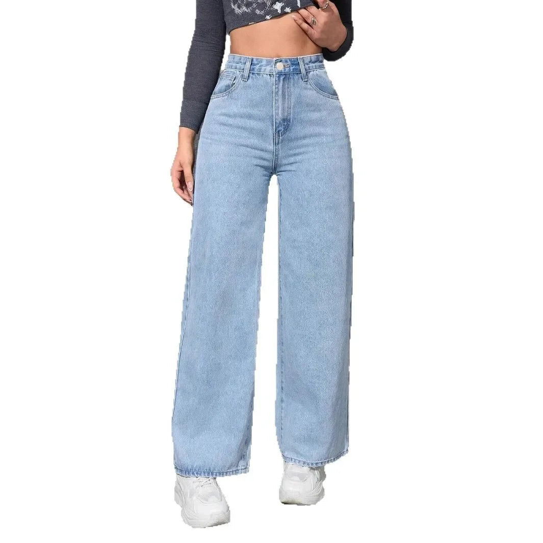 Pantalones vaqueros para muje de mezclilla de pierna ancha, de cintura alta
