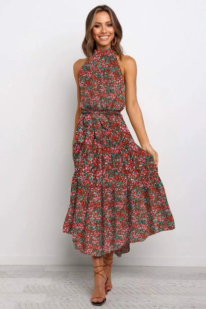 Vestido cuello halter, sin mangas, estampado de lunares, con cordones