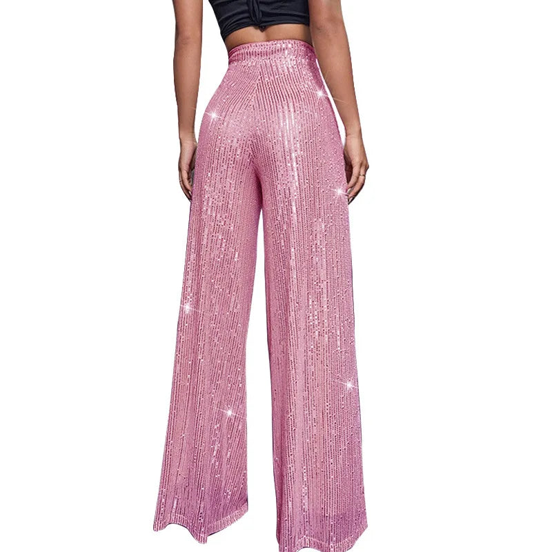 Pantalones acampanados de cintura alta con lentejuelas brillantes para mujer