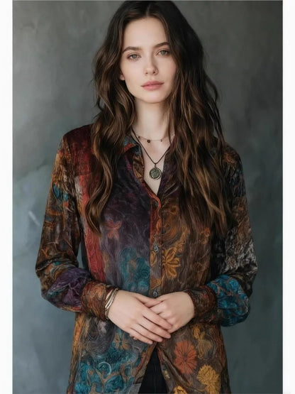 Camisa informal de manga larga con botones y estampado floral retro para mujer