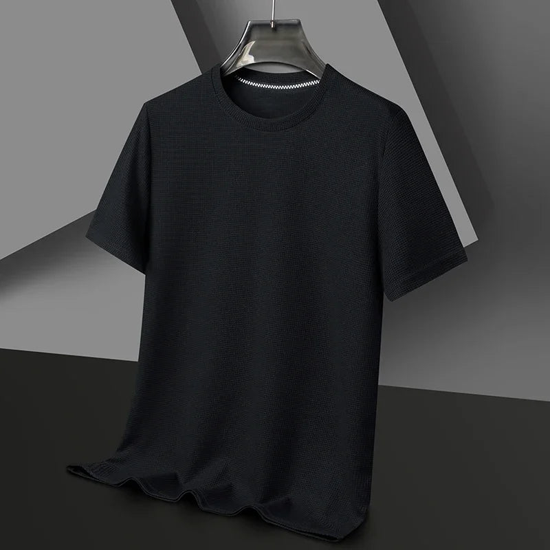 Polo liso tipo gofre de manga corta con cuello redondo para hombre