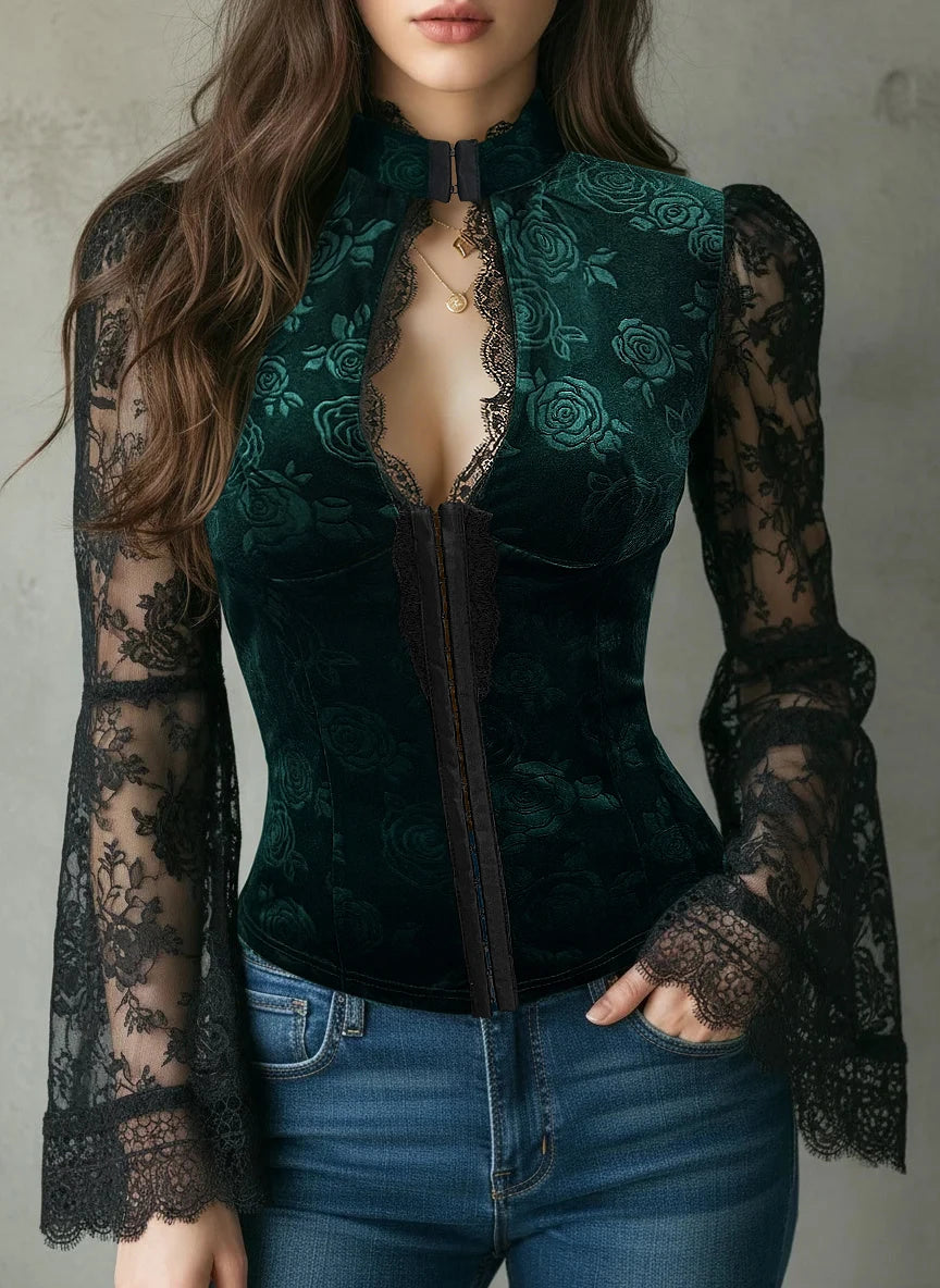 Blusa elegante de terciopelo para mujer, con ribete de encaje, cuello alto sexy