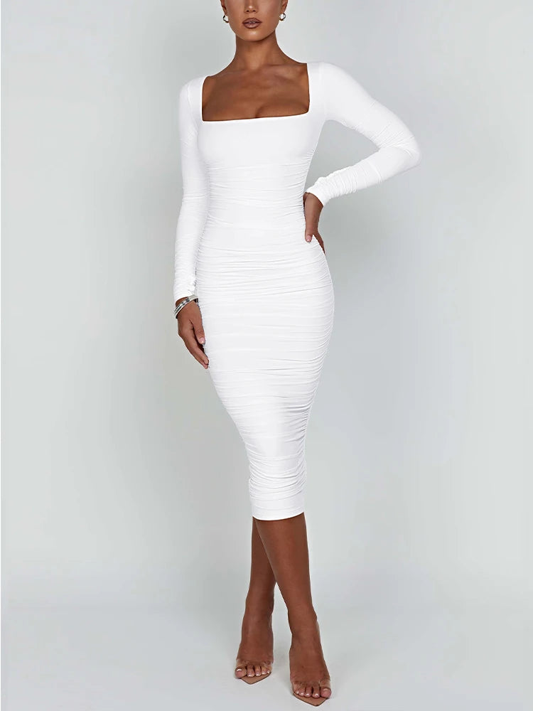 Vestido ajustado sexy, cuello cuadrado, manga larga, vestidos de noche para mujer
