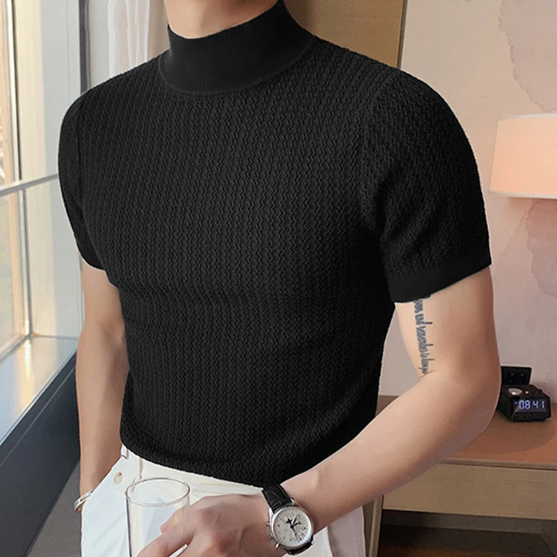 Camiseta ajustada de moda, con textura de punto, cuello alto,