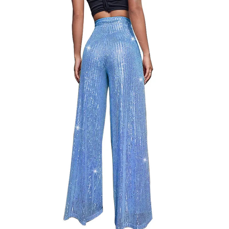 Pantalones acampanados de cintura alta con lentejuelas brillantes para mujer