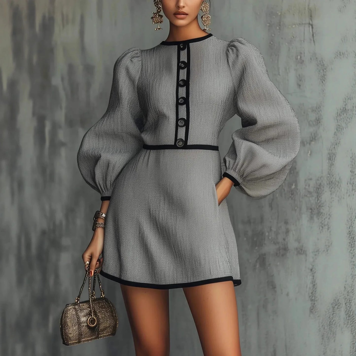 Vestido mini ajustado para mujer, elegante vestido de cuello redondo, mangas abullonadas