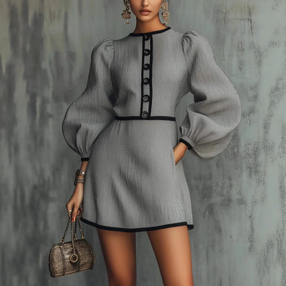 Vestido mini ajustado para mujer, elegante vestido de cuello redondo, mangas abullonadas