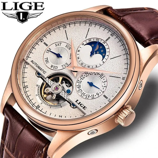 Relojes LIGE para hombre, Tourbillon, correa de cuero genuino, reloj impermeable