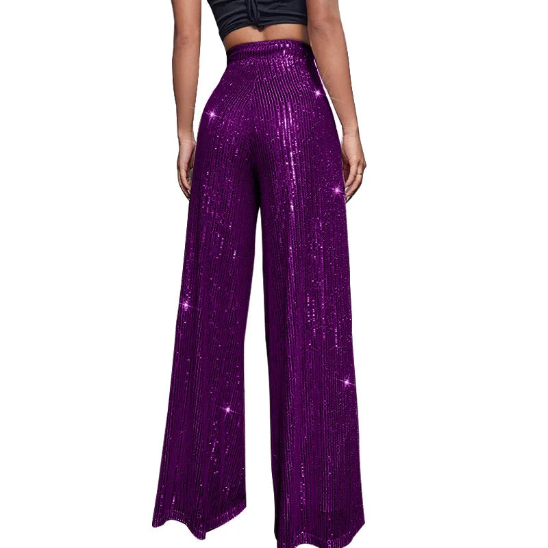 Pantalones acampanados de cintura alta con lentejuelas brillantes para mujer