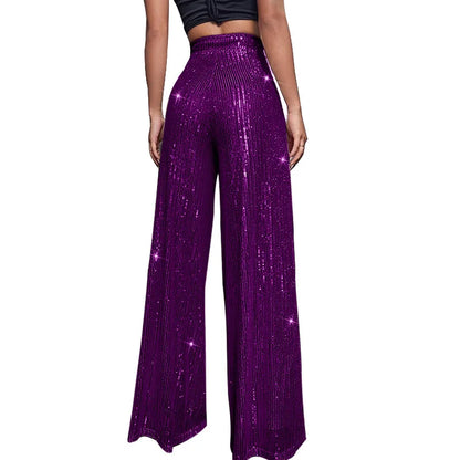 Pantalones acampanados de cintura alta con lentejuelas brillantes para mujer