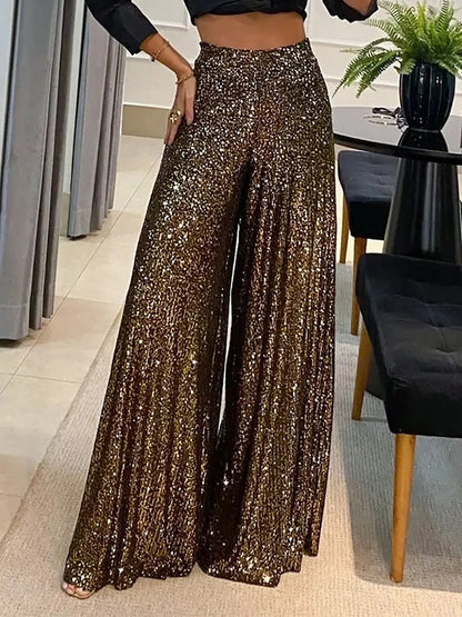 Pantalones elegantes tipo Campana con hilo dorado para mujer