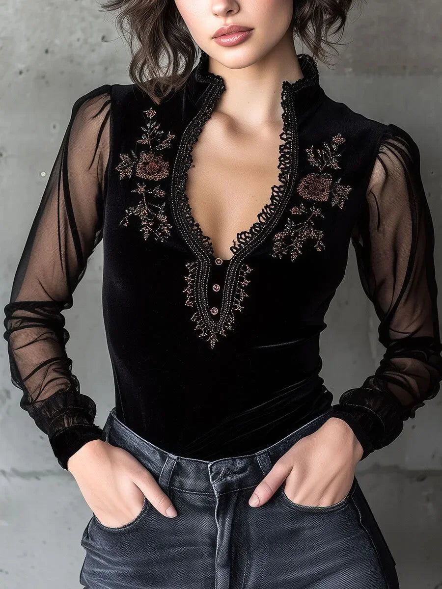 Blusa transparente para mujer, elegante, con bordado floral, estilo retro americano