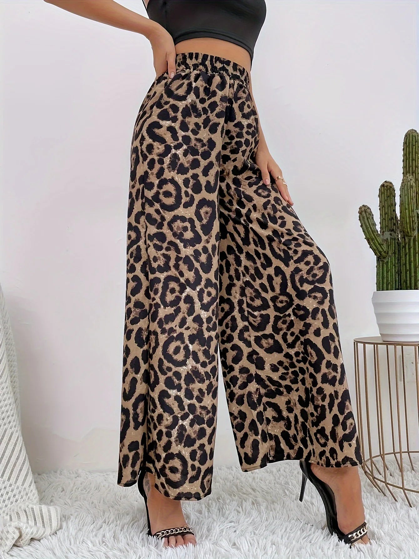 Pantalones anchos con cintura elástica y estampado de leopardo