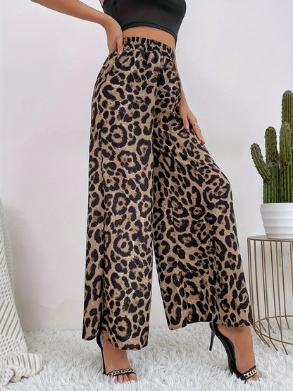 Pantalones anchos con cintura elástica y estampado de leopardo