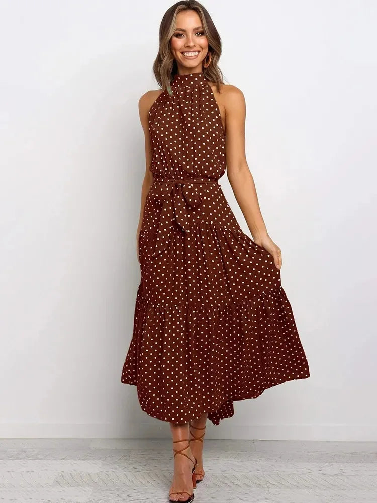 Vestido cuello halter, sin mangas, estampado de lunares, con cordones